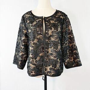 Bob Mackie | Wearable Art | Black Sequin Floral Lace Cardigan Jacket | Sz M